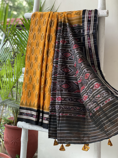 MUSTARD-BLACK  'MANIABANDHA' ikkat woven sari