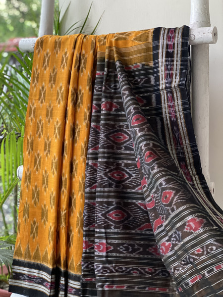 MUSTARD-BLACK  'MANIABANDHA' ikkat woven sari