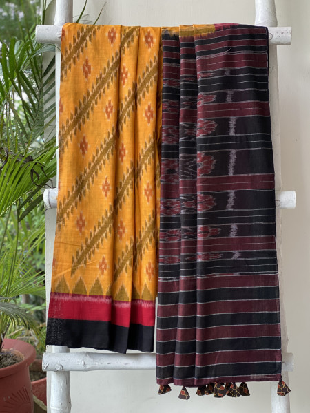 MUSTARD-BLACK  'MANIABANDHA' ikkat woven sari