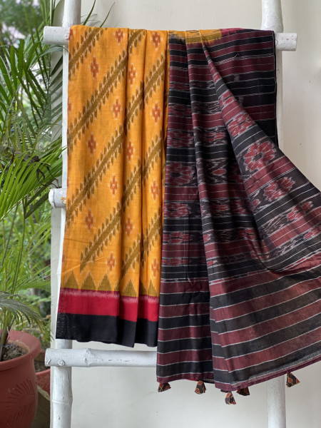MUSTARD-BLACK  'MANIABANDHA' ikkat woven sari