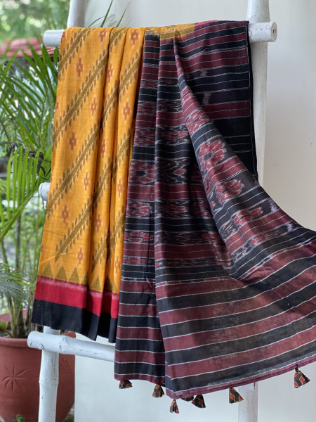 MUSTARD-BLACK  'MANIABANDHA' ikkat woven sari