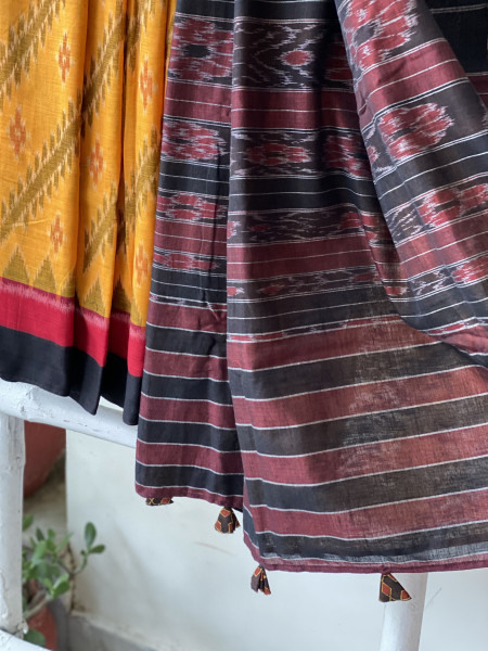 MUSTARD-BLACK  'MANIABANDHA' ikkat woven sari