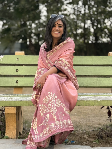 PINK PRINTED HAND EMBROIDERED TUSSAR SILK SARI