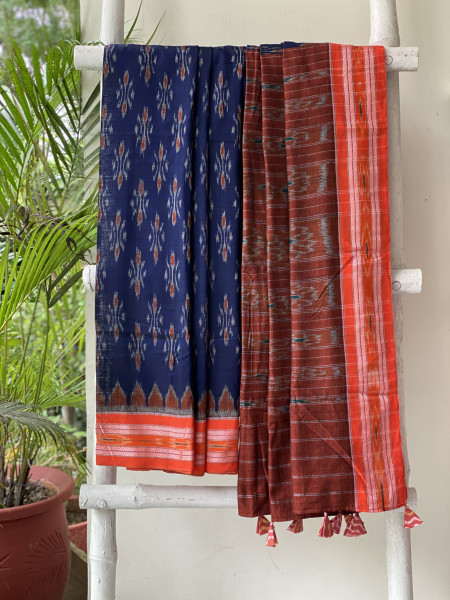 INDIGO-ORANGE  'MANIABANDHA' ikkat woven sari