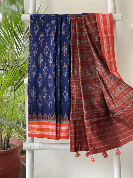 INDIGO-ORANGE  'MANIABANDHA' ikkat woven sari