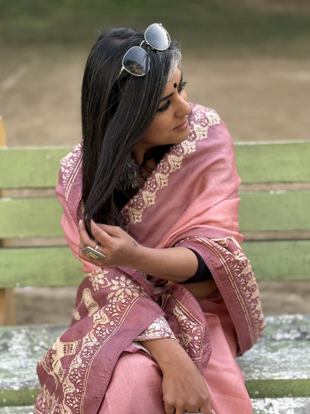 PINK PRINTED HAND EMBROIDERED TUSSAR SILK SARI
