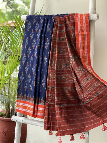 INDIGO-ORANGE  'MANIABANDHA' ikkat woven sari