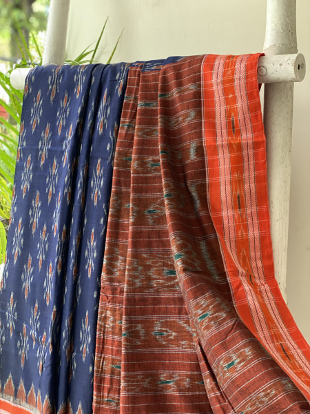 INDIGO-ORANGE  'MANIABANDHA' ikkat woven sari