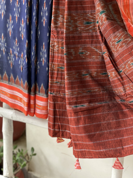 INDIGO-ORANGE  'MANIABANDHA' ikkat woven sari