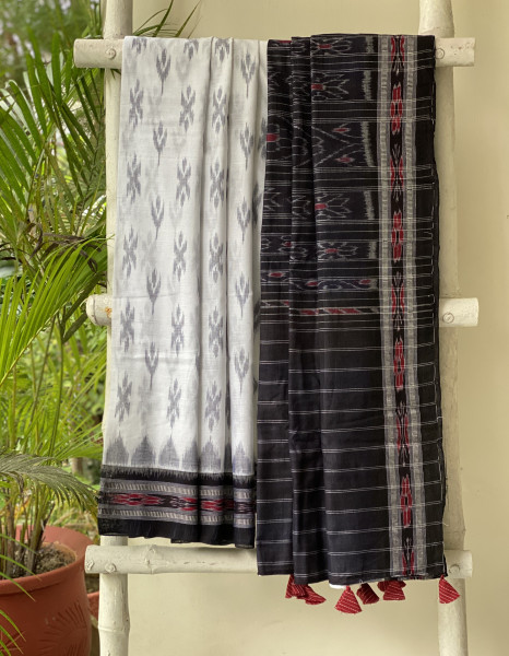 WHITE-BLACK  'MANIABANDHA' ikkat woven sari