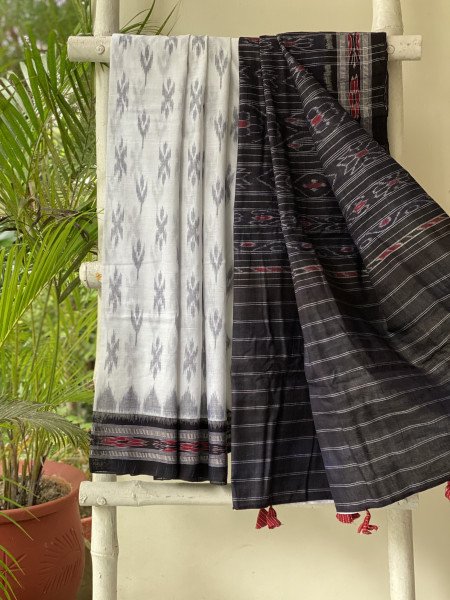 WHITE-BLACK  'MANIABANDHA' ikkat woven sari