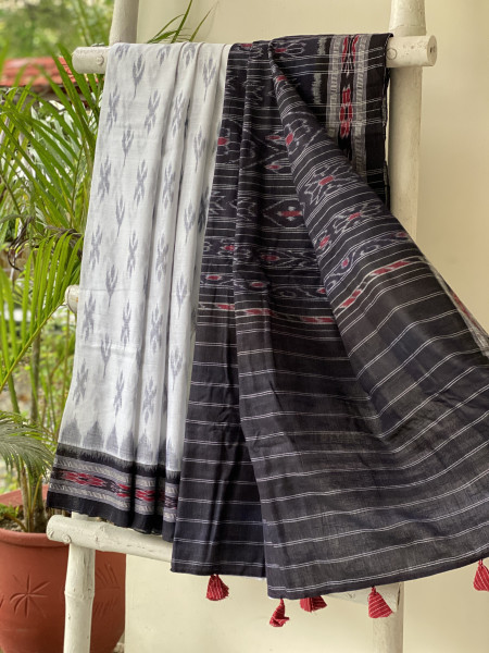 WHITE-BLACK  'MANIABANDHA' ikkat woven sari