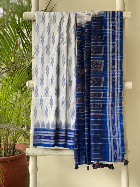 WHITE-INDIGO  'MANIABANDHA' ikkat woven sari