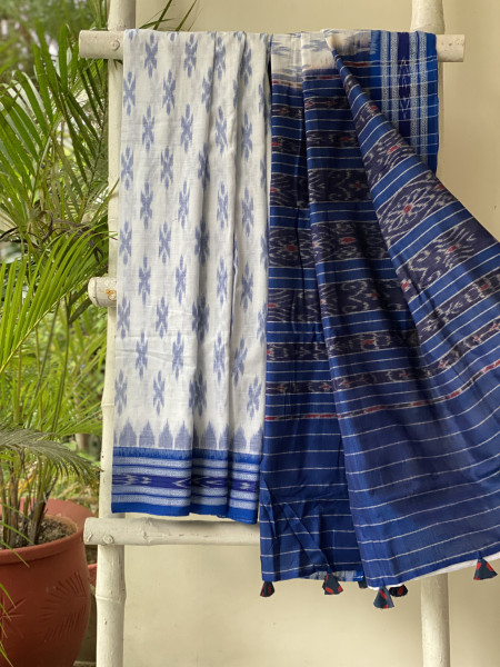 WHITE-INDIGO  'MANIABANDHA' ikkat woven sari