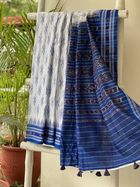 WHITE-INDIGO  'MANIABANDHA' ikkat woven sari