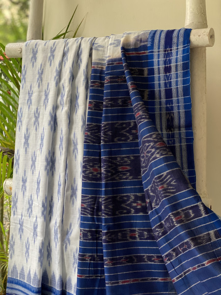 WHITE-INDIGO  'MANIABANDHA' ikkat woven sari