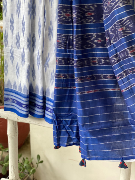 WHITE-INDIGO  'MANIABANDHA' ikkat woven sari