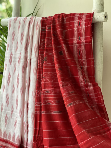 WHITE-RED  'MANIABANDHA' ikkat woven sari