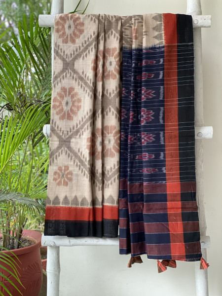 BEIGE-BLACK  'MANIABANDHA' ikkat woven sari