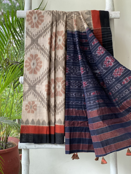 BEIGE-BLACK  'MANIABANDHA' ikkat woven sari