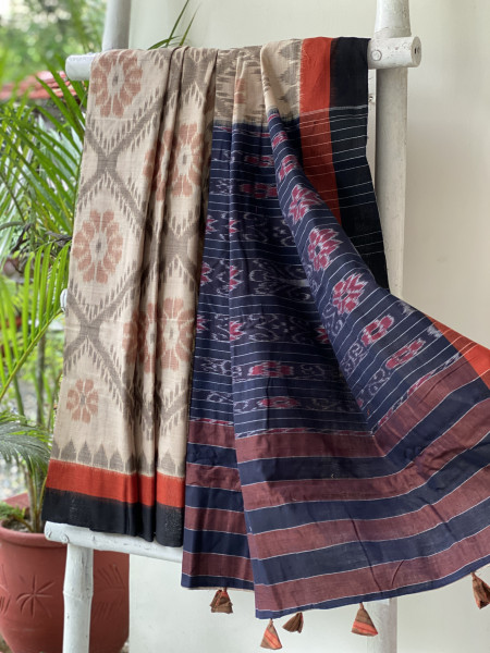 BEIGE-BLACK  'MANIABANDHA' ikkat woven sari