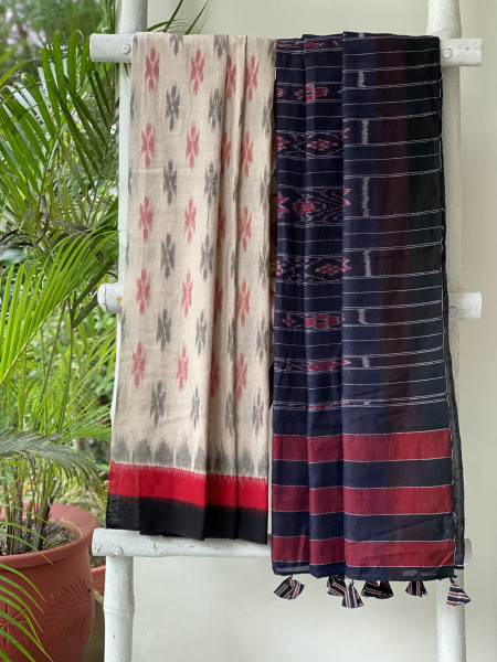 BEIGE-BLACK  'MANIABANDHA' ikkat woven sari