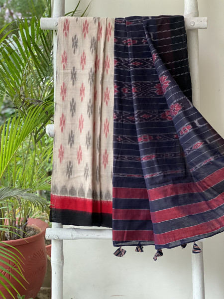 BEIGE-BLACK  'MANIABANDHA' ikkat woven sari