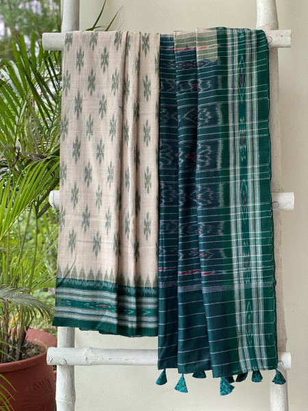 BEIGE-GREEN  'MANIABANDHA' ikkat woven sari