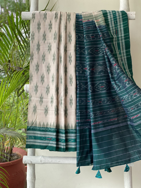 BEIGE-GREEN  'MANIABANDHA' ikkat woven sari