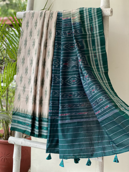 BEIGE-GREEN  'MANIABANDHA' ikkat woven sari