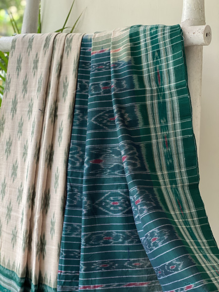 BEIGE-GREEN  'MANIABANDHA' ikkat woven sari