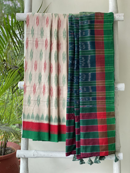 BEIGE-GREEN  'MANIABANDHA' ikkat woven sari