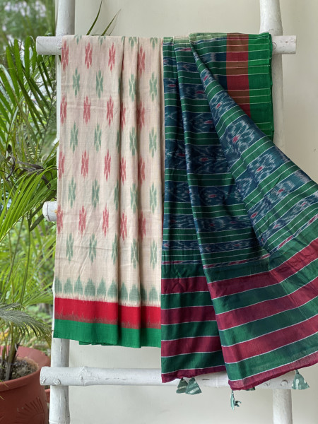 BEIGE-GREEN  'MANIABANDHA' ikkat woven sari