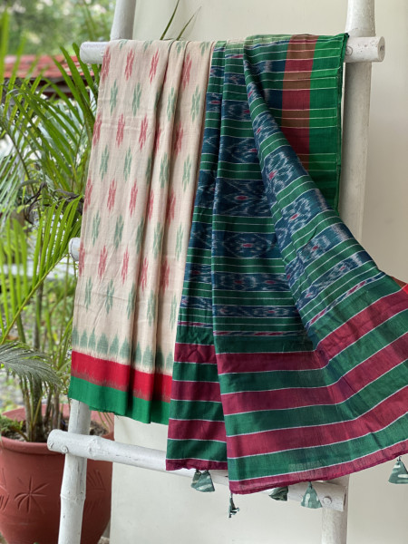 BEIGE-GREEN  'MANIABANDHA' ikkat woven sari