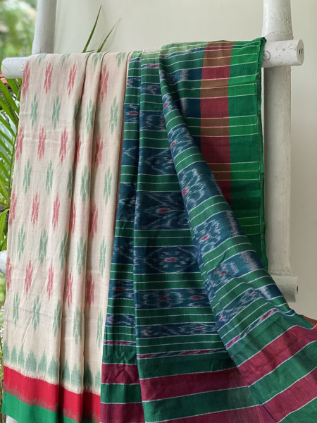BEIGE-GREEN  'MANIABANDHA' ikkat woven sari