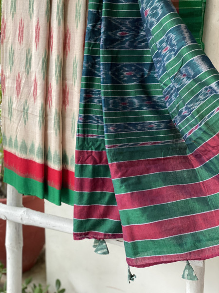 BEIGE-GREEN  'MANIABANDHA' ikkat woven sari