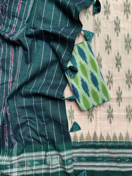 BEIGE-GREEN  'MANIABANDHA' ikkat woven sari