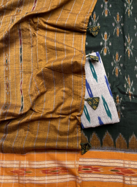BOTTLE GREEN-MUSTARD  'MANIABANDHA' ikkat woven sari