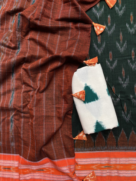 BOTTLE GREEN-ORANGE  'MANIABANDHA' ikkat woven sari