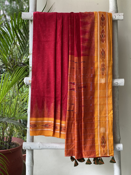 RED-YELLOW cotton 'JHARNA' ODISHA ikkat woven sari
