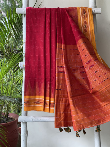 RED-YELLOW cotton 'JHARNA' ODISHA ikkat woven sari