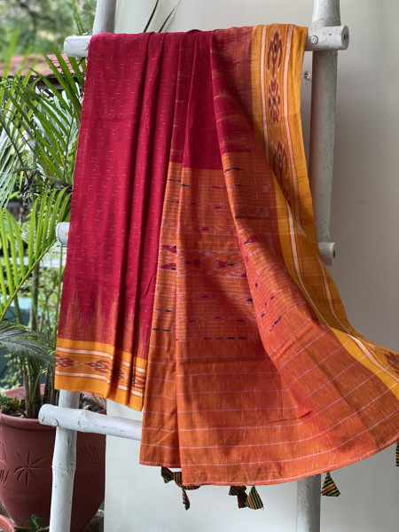 RED-YELLOW cotton 'JHARNA' ODISHA ikkat woven sari