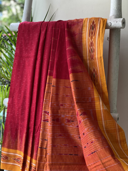 RED-YELLOW cotton 'JHARNA' ODISHA ikkat woven sari
