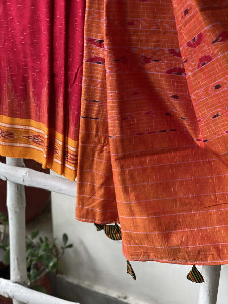 RED-YELLOW cotton 'JHARNA' ODISHA ikkat woven sari