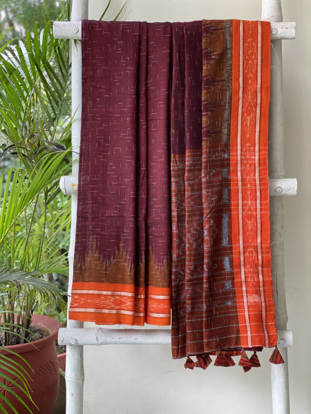MAROON-ORANGE cotton 'JHARNA' ODISHA ikkat woven sari