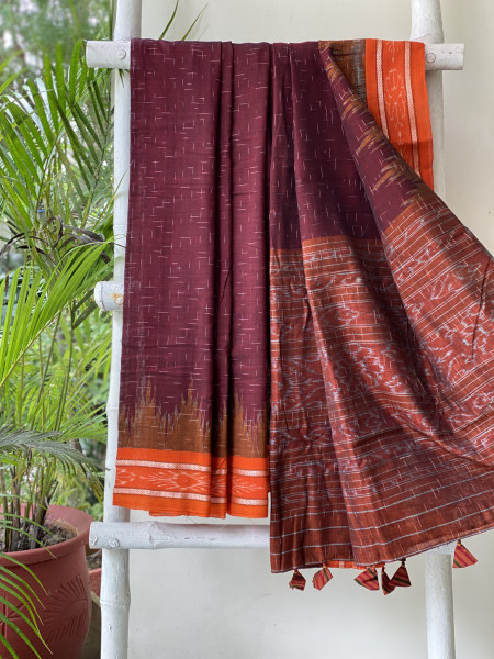 MAROON-ORANGE cotton 'JHARNA' ODISHA ikkat woven sari