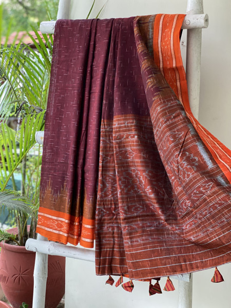 MAROON-ORANGE cotton 'JHARNA' ODISHA ikkat woven sari
