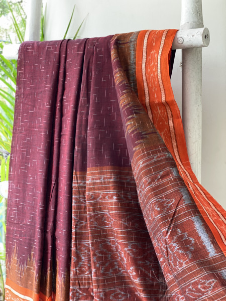 MAROON-ORANGE cotton 'JHARNA' ODISHA ikkat woven sari