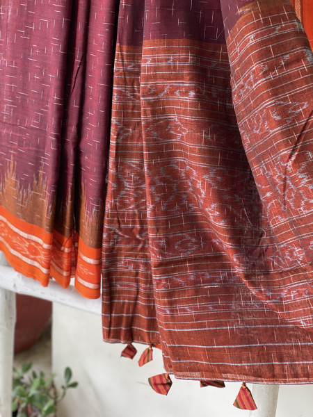 MAROON-ORANGE cotton 'JHARNA' ODISHA ikkat woven sari