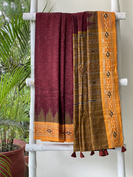 MAROON-MUSTARD cotton 'JHARNA' ODISHA ikkat woven sari